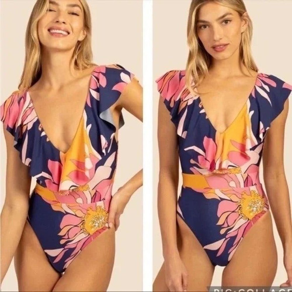 💜🌴Trina Turk Breeze Ruffle Swimsuit Sz 6 💜